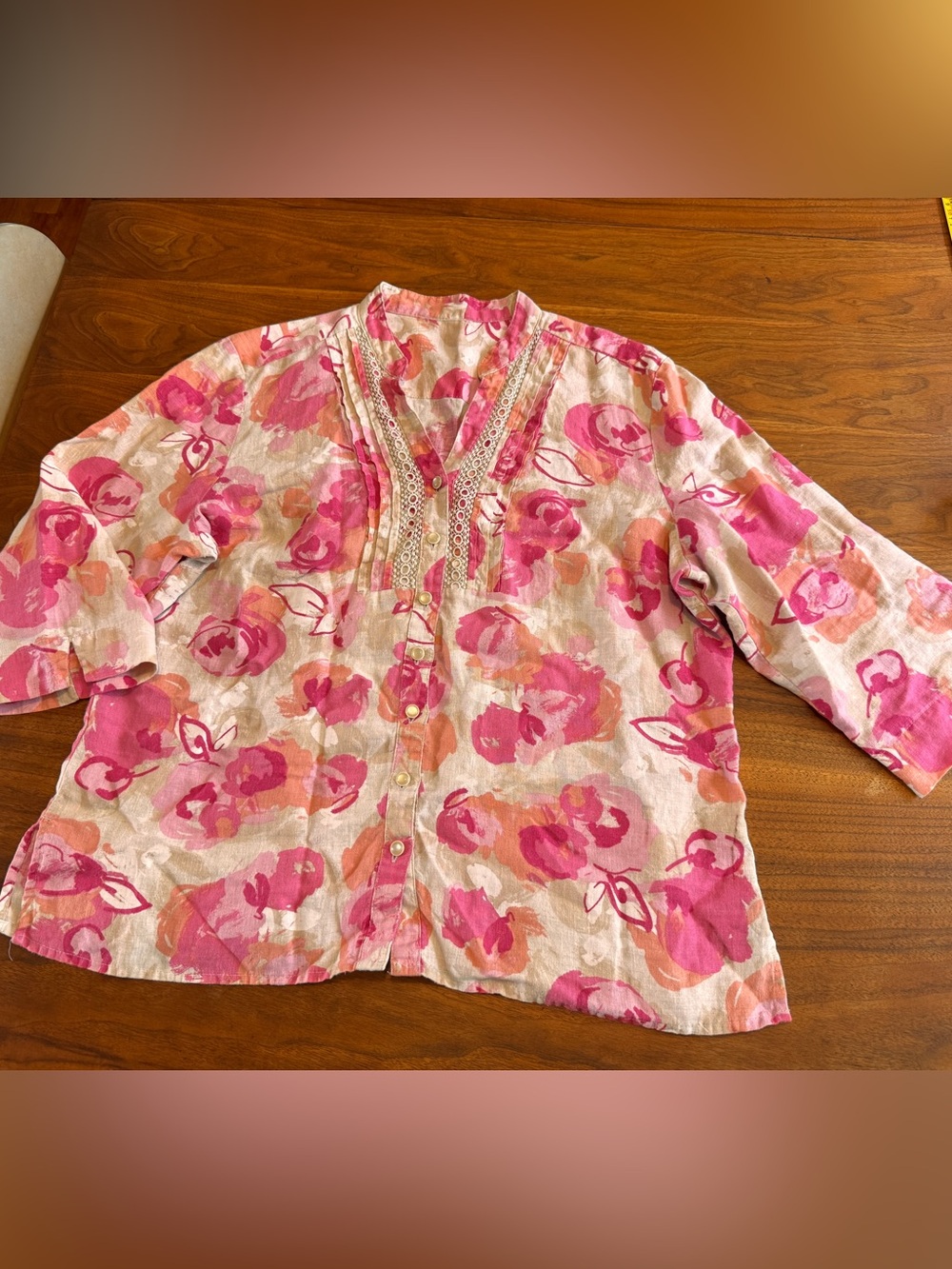 J M Collection Watercolor Floral Linen Blouse with V Neck Embroidered Trim 14-16